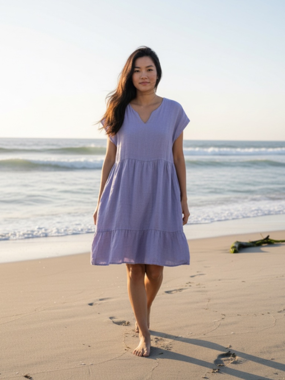 Francesca Bettini Italy Small Dress 100% LINEN Lilac Purple Tiered V-Neck Flowy